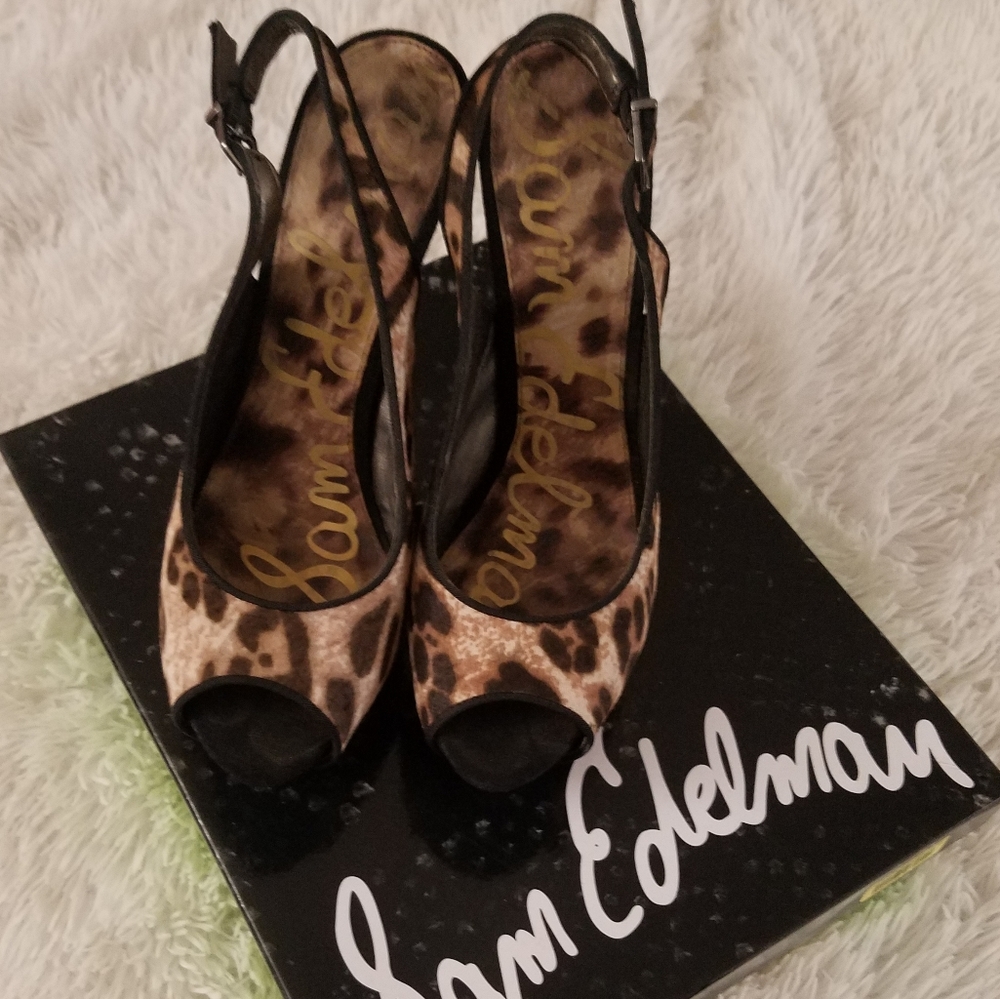 Sam Edelman Leopard Open Toe Slingbacks - Picture 2 of 15